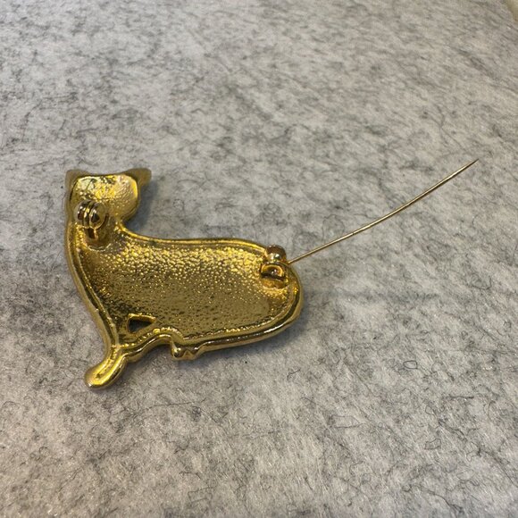 Vintage Enamel Black Cat Brooch With Rhinestone Eyes & Gold-Tone Accents - Picture 4 of 5